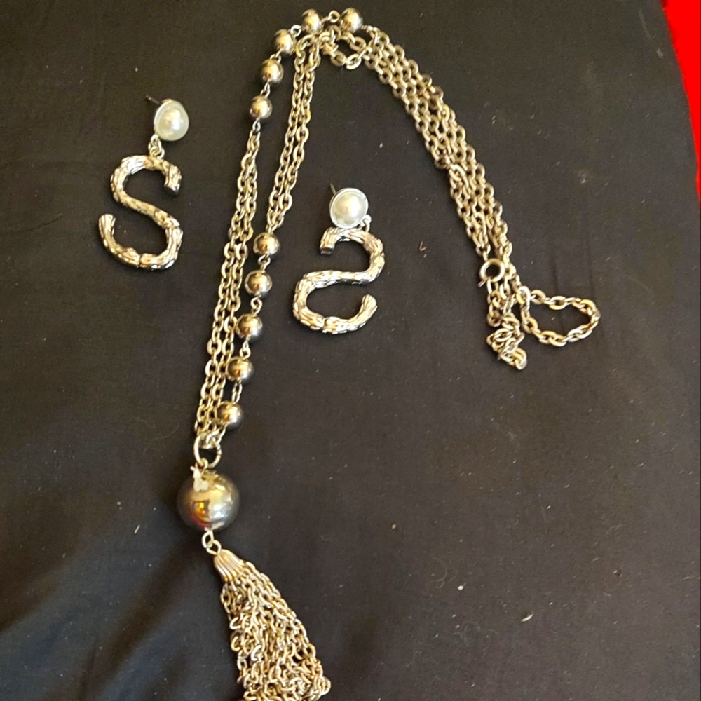Silver S shaped pierced earrings with necklace set